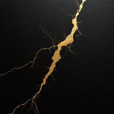 The primary subject of the image is a gold-colored line or crack on a black background. The setting appears to be a dark room, and the visual style is a close-up of the gold line. The colors and mood of the image are predominantly dark and dramatic, with the gold line standing out as the main focal point.